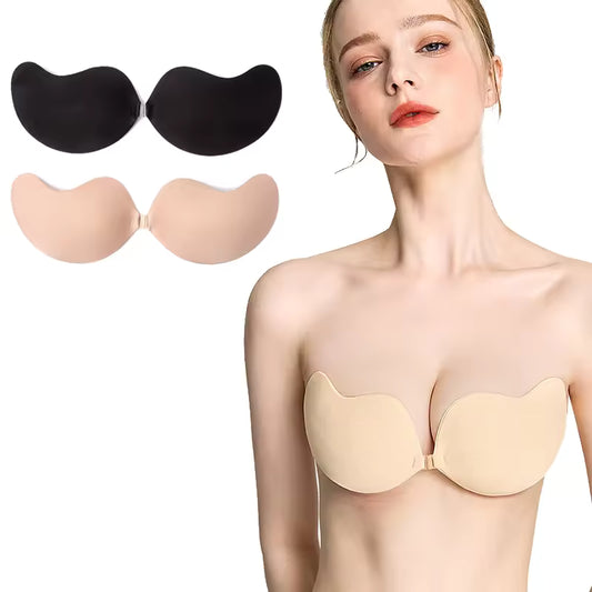 Reusable Adhesive Strapless Push-up Bra - Nylon & Silicone - Beige & Black
