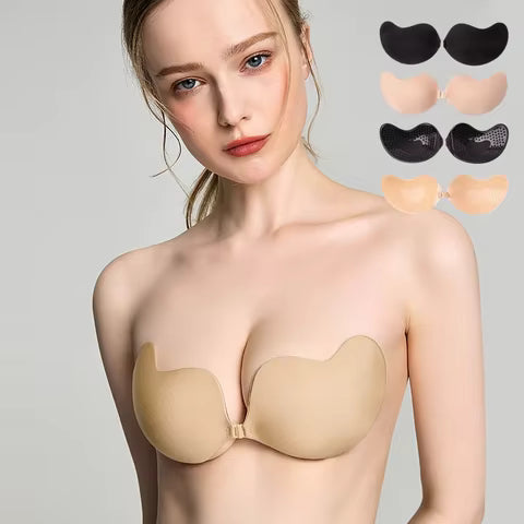 Reusable Adhesive Strapless Push-up Bra - Nylon & Silicone - Beige & Black